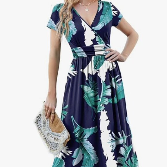 XL Maxi Dress for Women Wrap V Neck Short Sleeve Empire Pleated Waist -Pre-Loved - Picture 2 of 4